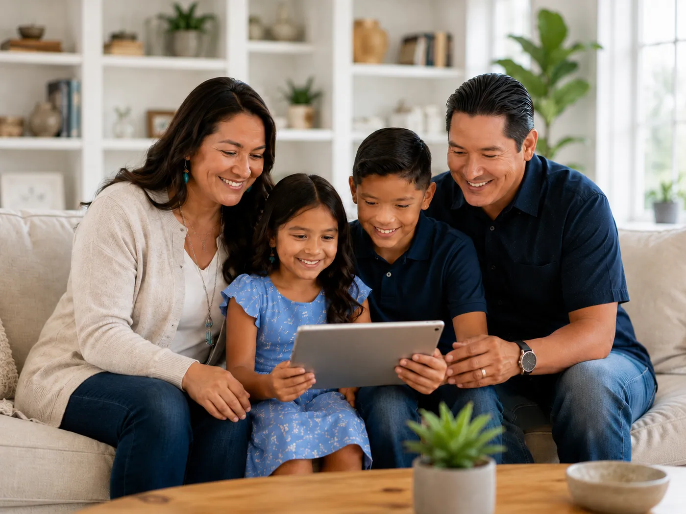 Una familia revisando juntos su nuevo préstamo hipotecario en una tableta