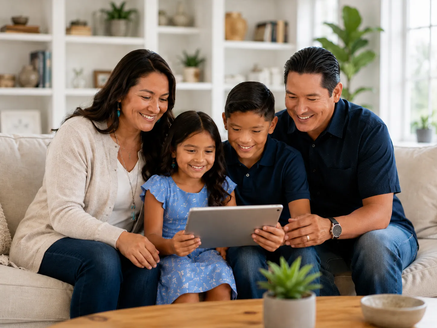 A Native American family reviewing their home loan options together on a tablet
