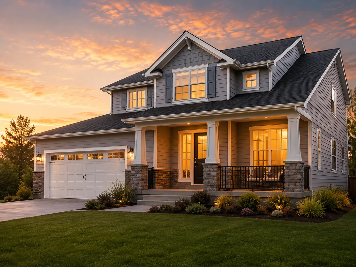 Una casa familiar cálida y bien iluminada al atardecer