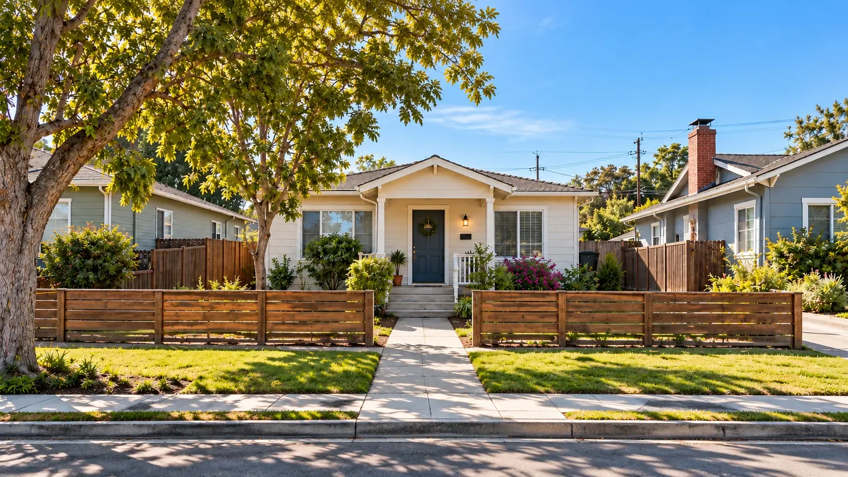 Welcoming white cottage in a California neighborhood