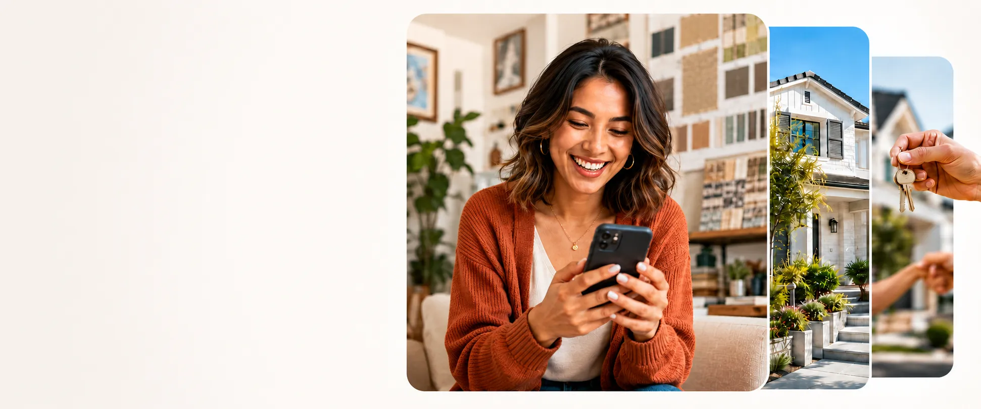 A smiling homebuyer reviewing details on her phone, with a new home and house keys being handed over