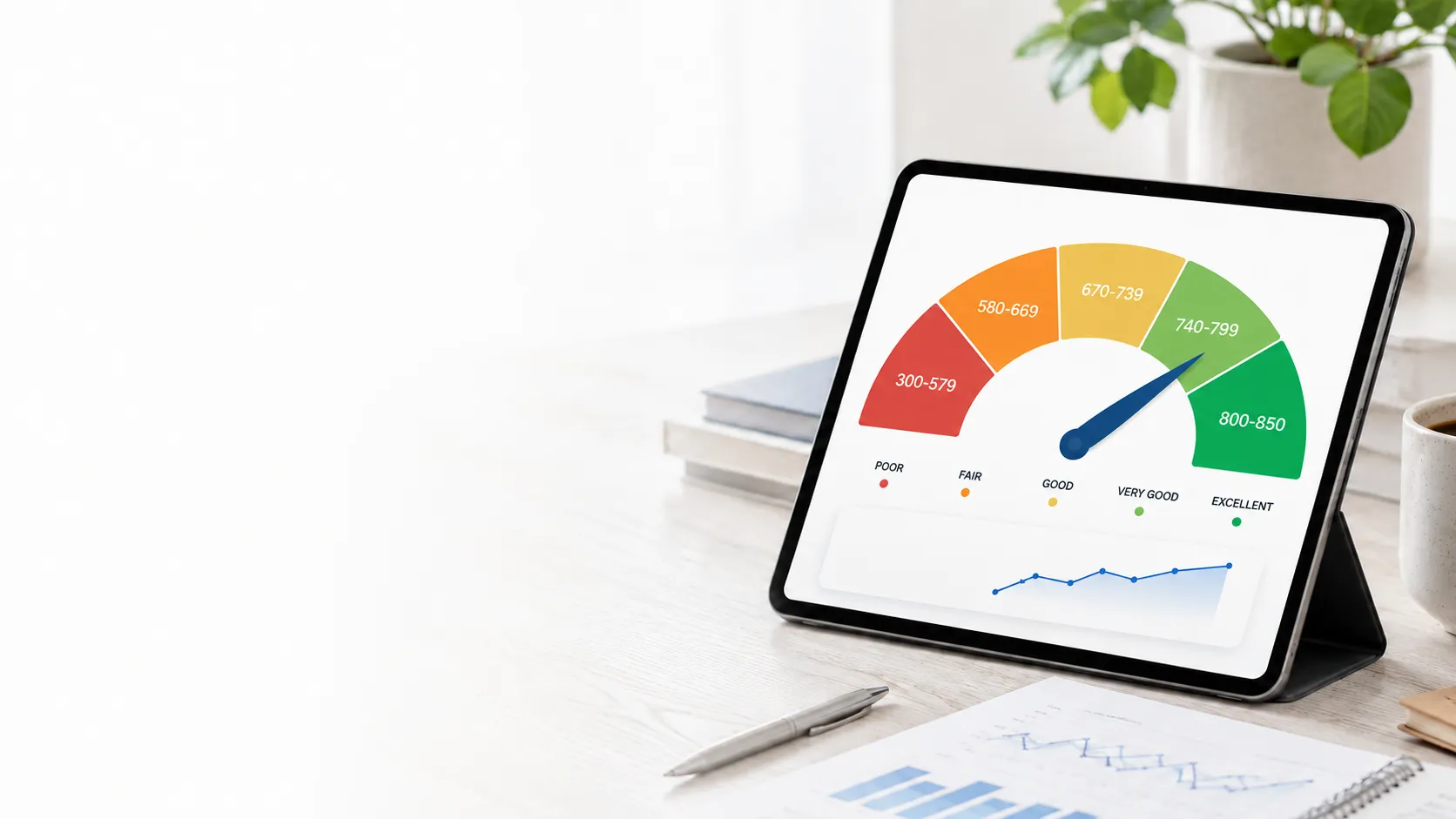 A tablet on a desk showing a credit score gauge with its rating ranges