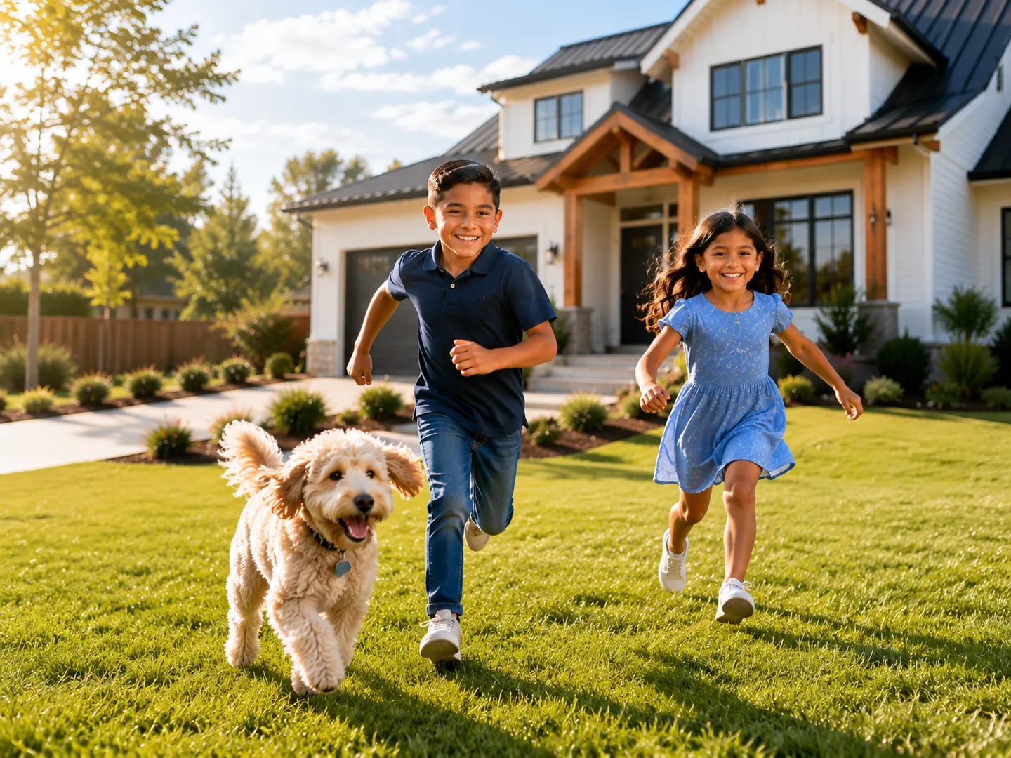 Niños jugando frente a una nueva vivienda familiar