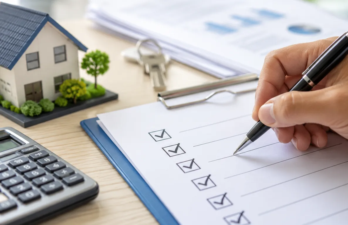 A hand checking items off a homebuying checklist beside a model house, keys, and a calculator