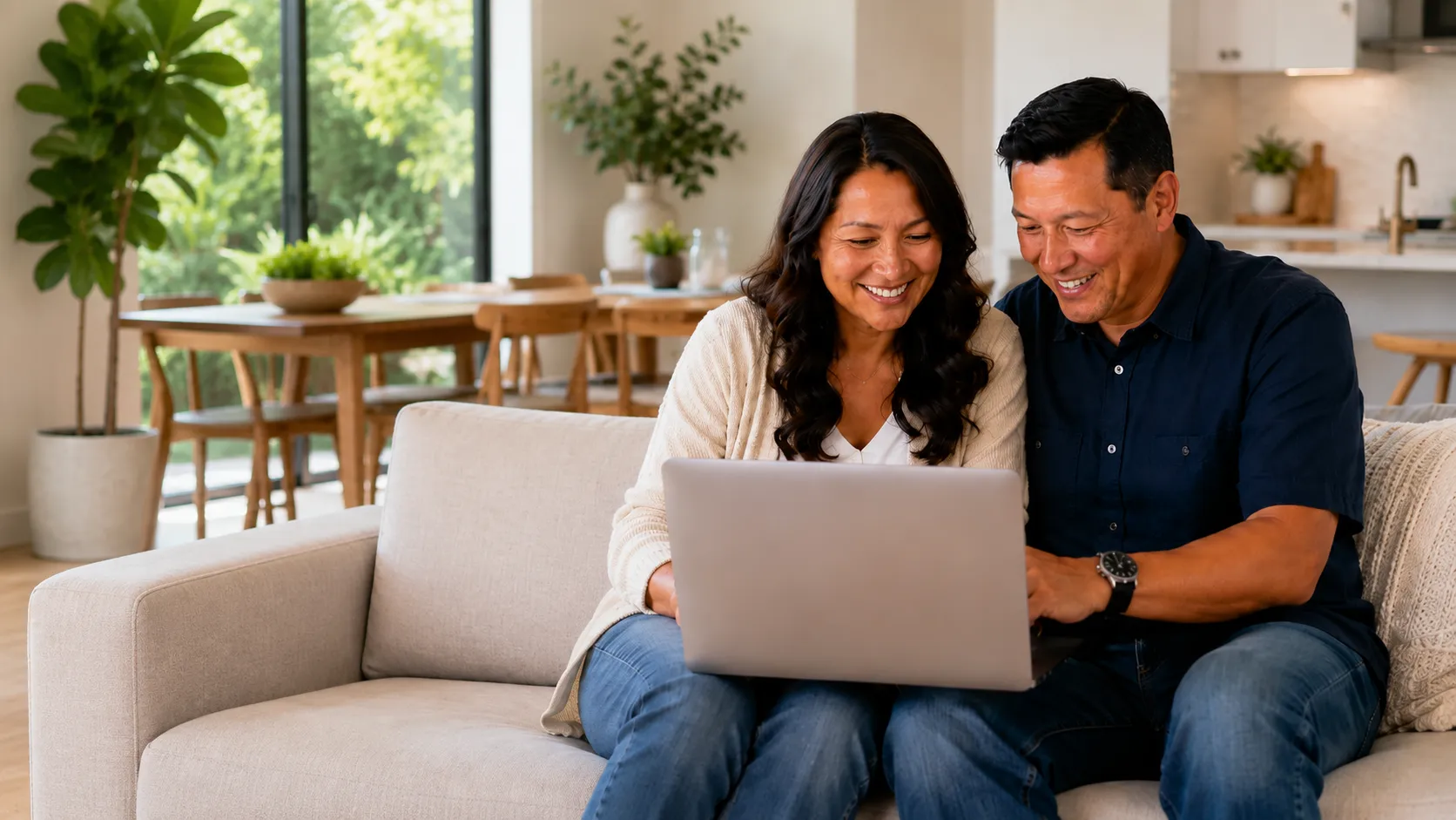 Una pareja revisando la compra de su vivienda en una laptop en casa