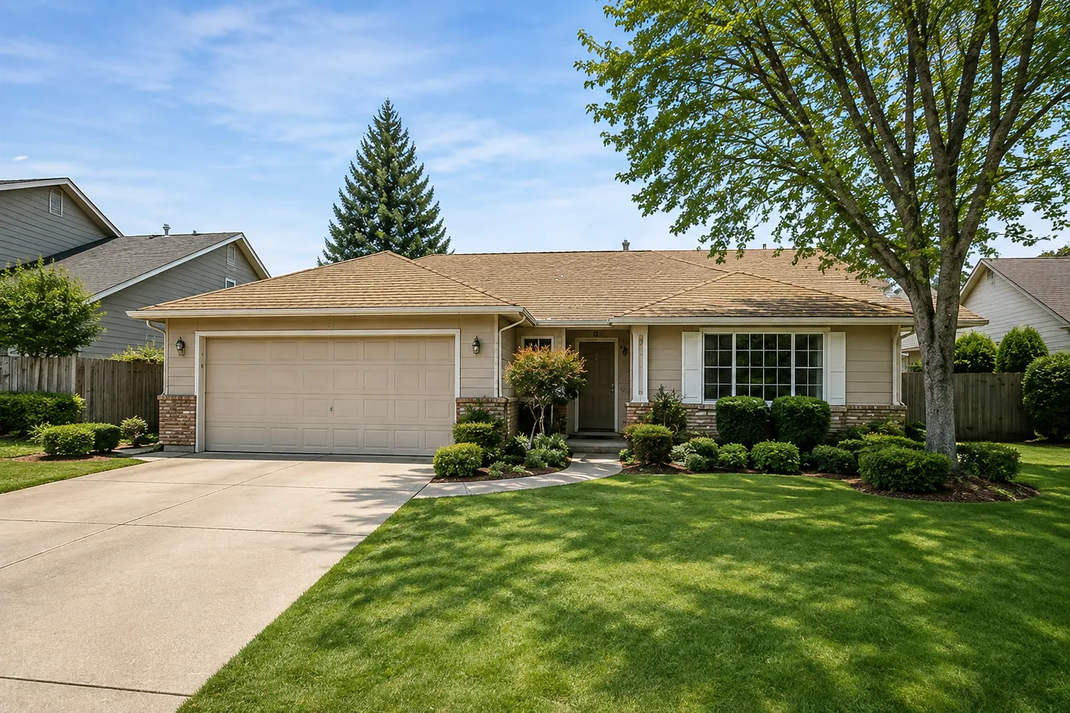 A single-story ranch home with a wide driveway and mature trees