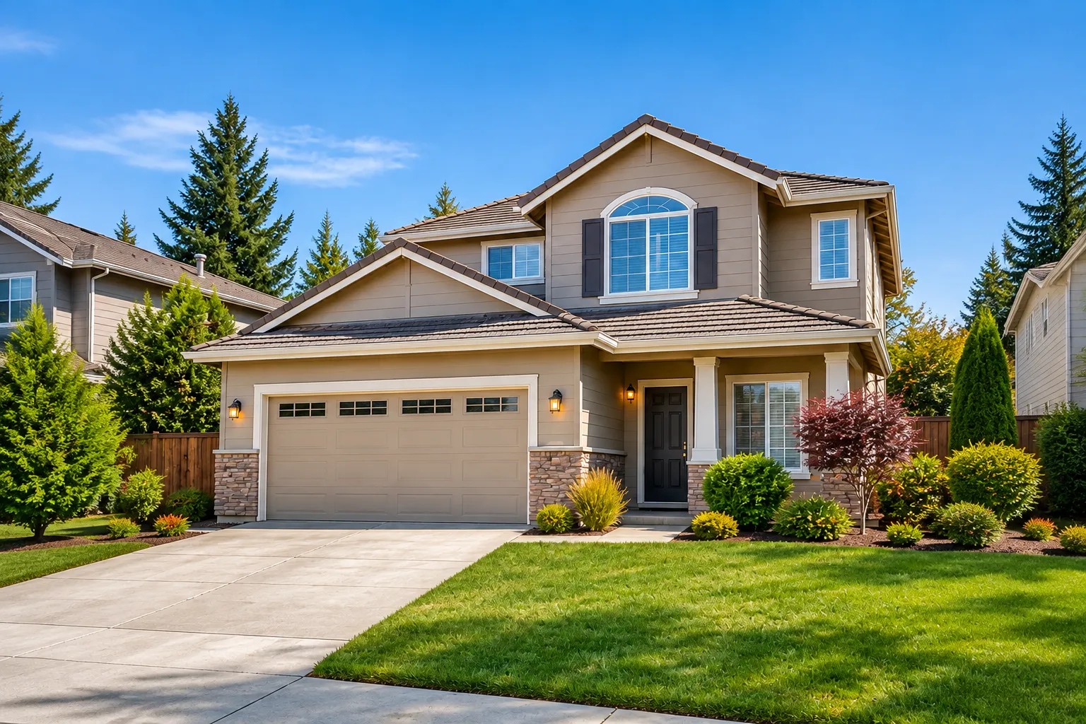 A two-story contemporary home with a landscaped front yard