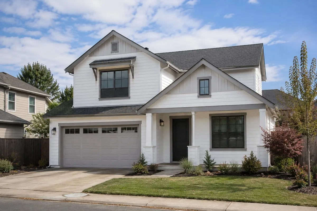 A white cottage-style home with a covered front porch