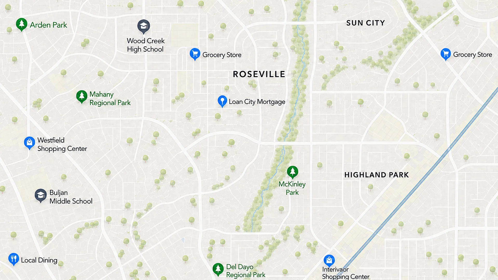 A neighborhood map showing nearby parks, schools, and shopping
