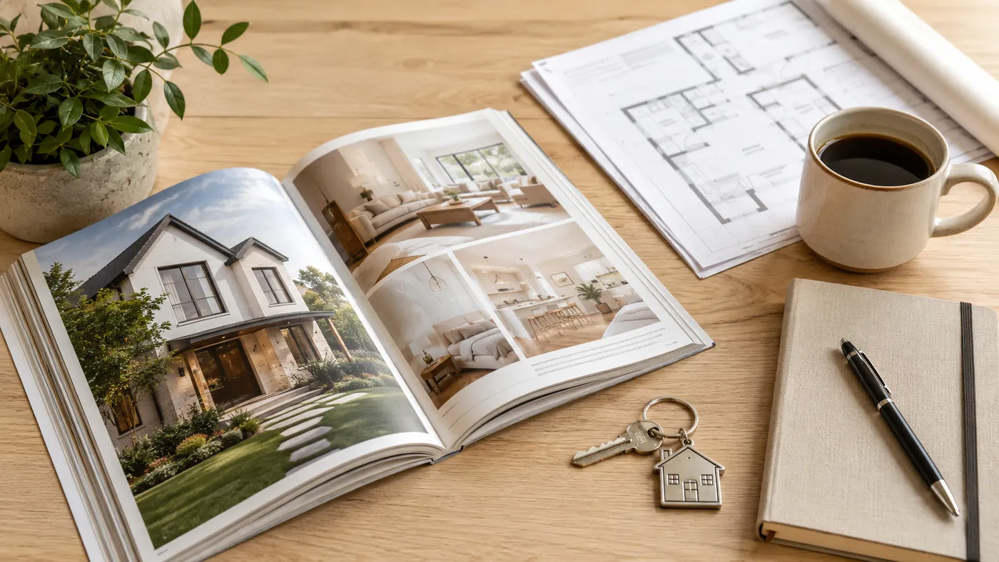 Una revista de compra de vivienda abierta sobre una mesa con llaves y un cuaderno