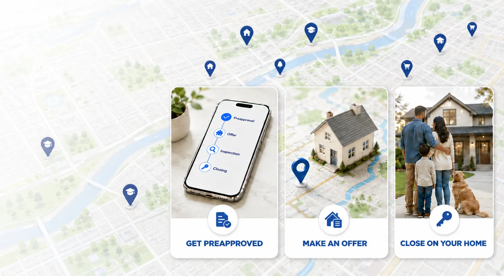 A neighborhood map with location pins and three cards showing the path from getting preapproved, to making an offer, to closing on your home