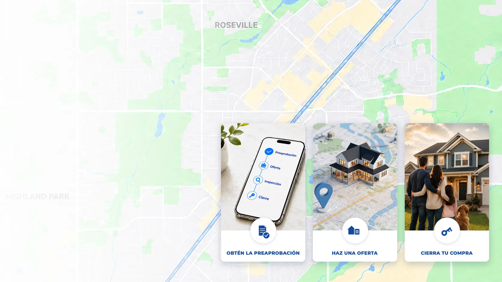 Un mapa del vecindario detrás de tres tarjetas que muestran el camino desde obtener la preaprobación, hacer una oferta y cerrar la compra de tu casa