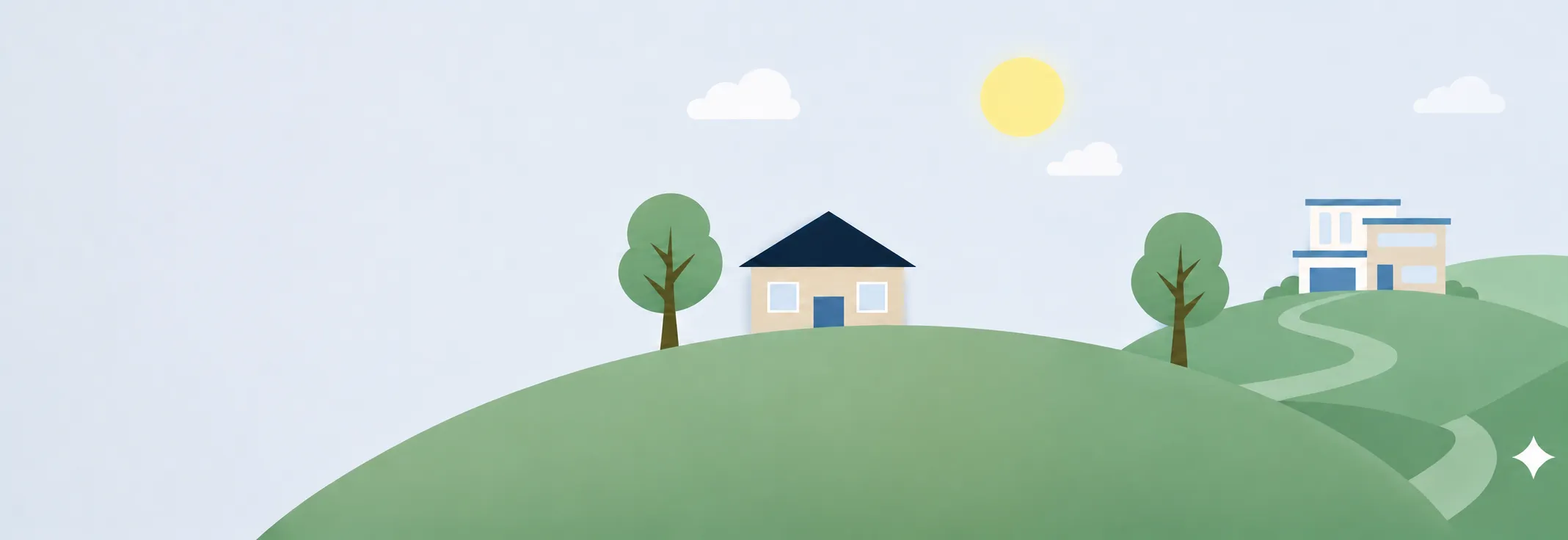 Illustration of a house on a green hillside on a sunny day, with trees and neighboring homes along a winding path