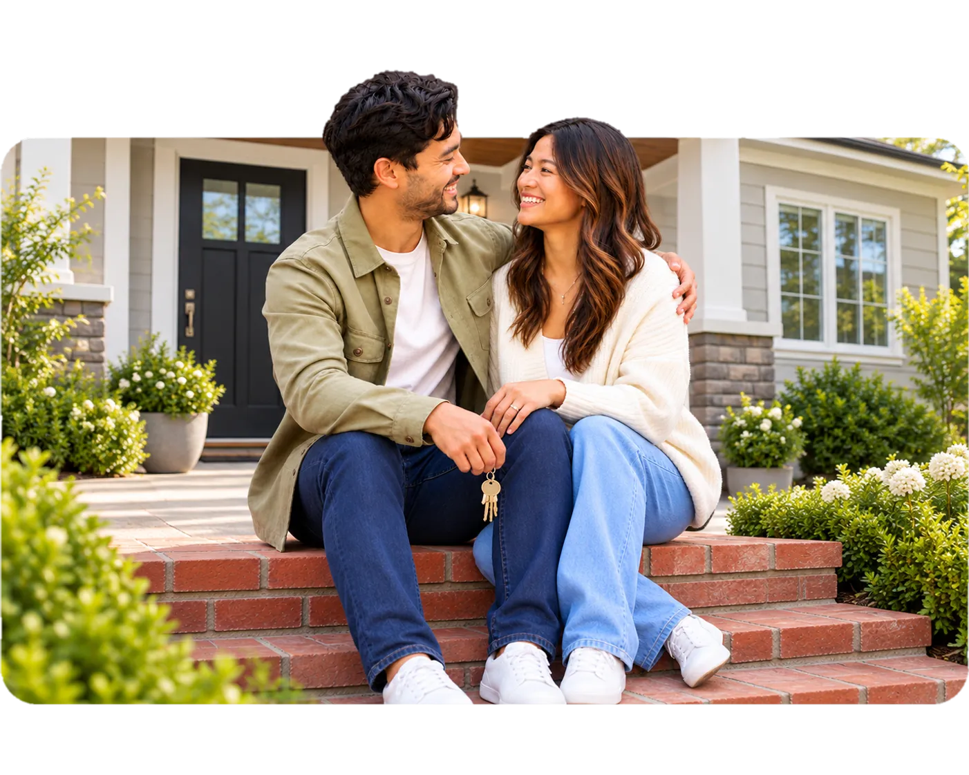A couple sitting together on the front steps of their new home, holding the keys