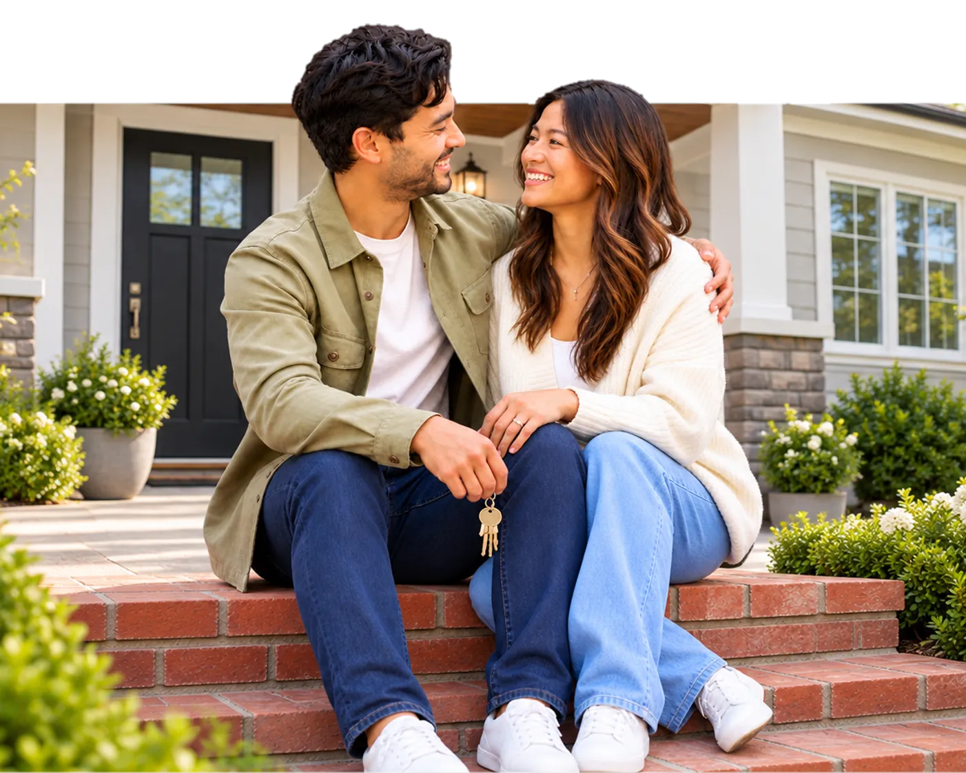 A couple sitting together on the front steps of their new home, holding the keys