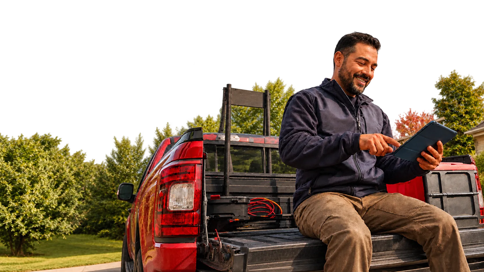 A man sitting on the tailgate of his pickup truck, reading his loan details on a tablet