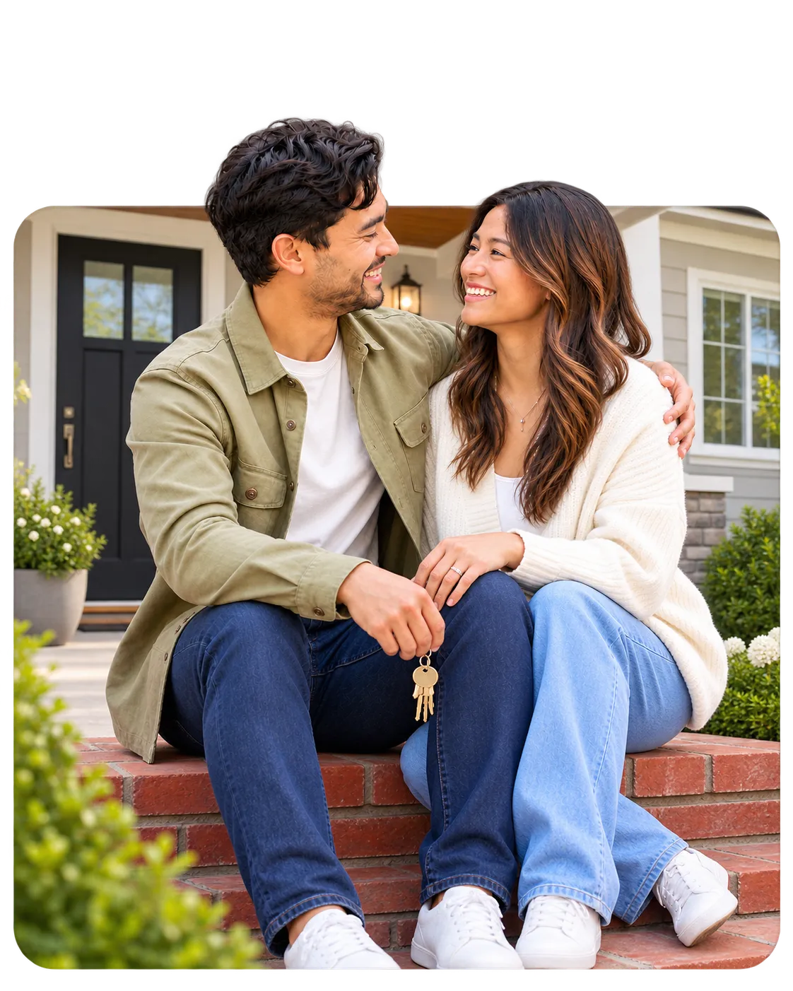 A couple sitting together on the front steps of their new home, holding the keys
