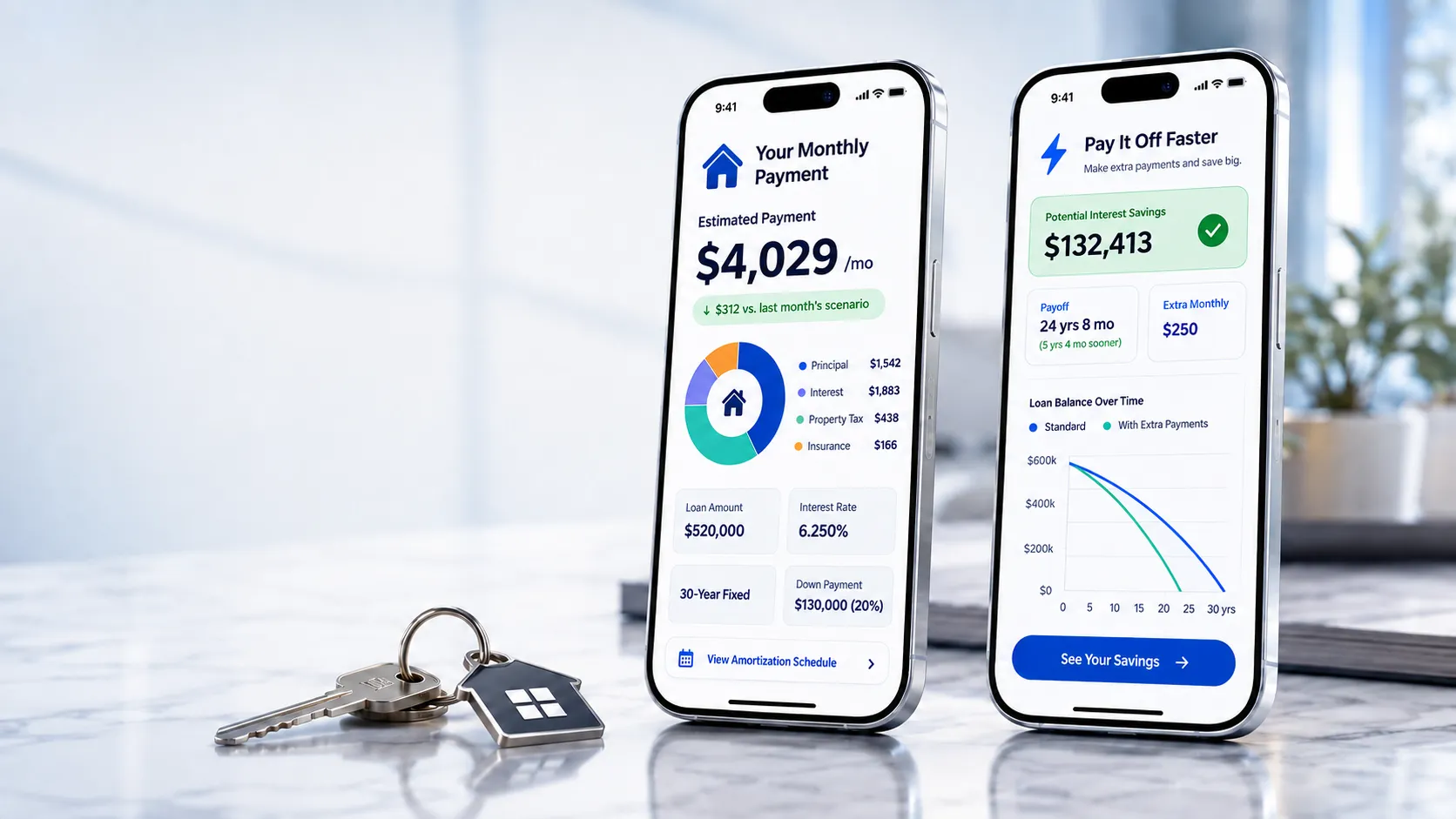 Two phones side by side showing an estimated monthly payment broken into principal, interest, property tax and insurance, and a faster-payoff view with potential interest savings and a loan balance chart