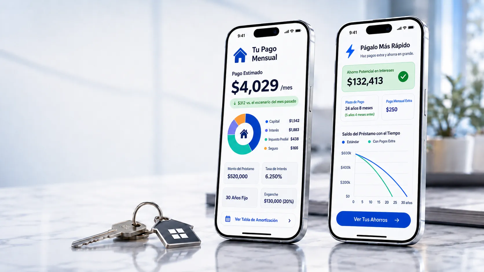 Dos teléfonos lado a lado que muestran un pago mensual estimado desglosado en capital, interés, impuestos prediales y seguro, y una vista de liquidación anticipada con el ahorro potencial de intereses y una gráfica del saldo del préstamo