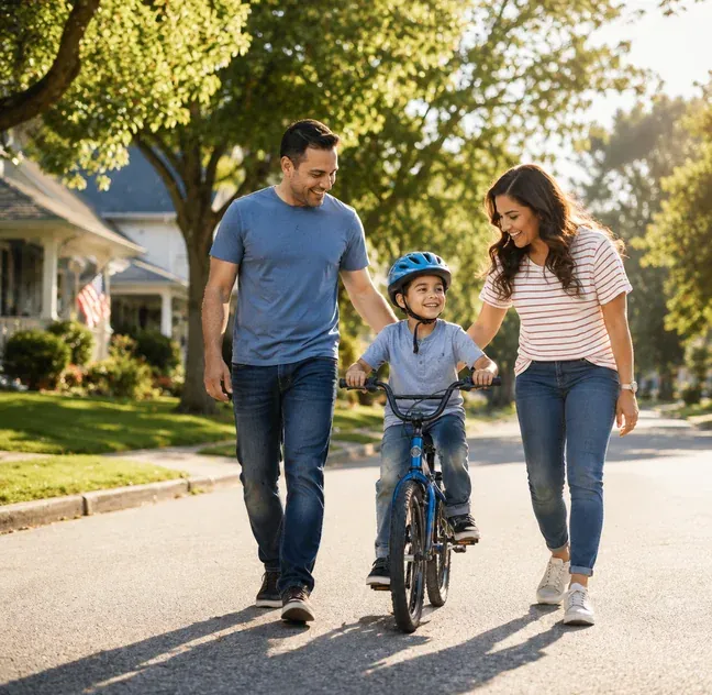 A family walking together as their child rides a bike down a tree-lined street