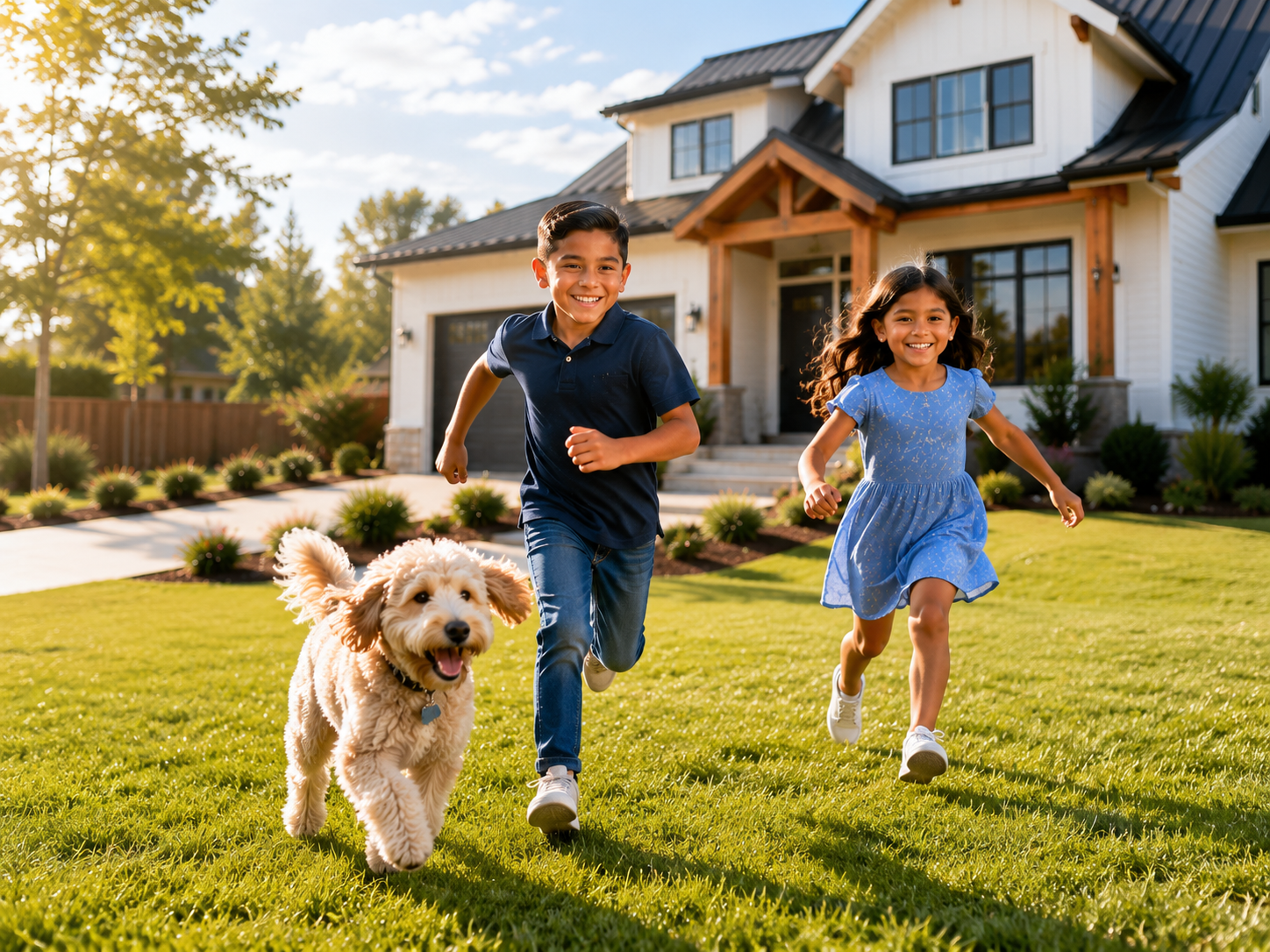 Children playing in front of a new family home